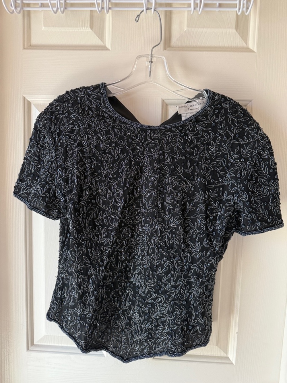 Papell Boutique Black Short-Sleeve Tee with Silver Leaf Beading